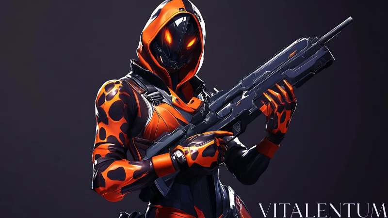 Armored neon-hooded sniper holds rifle under dramatic rim light