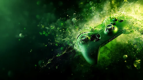 Green gaming controller in dynamic liquid splash motion.