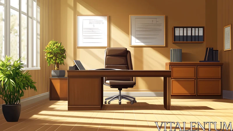 Sunlit executive office interior contains organized work area