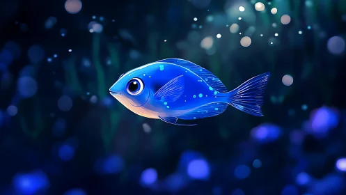 Bioluminescent blue reef fish rendered in stylized digital gloss