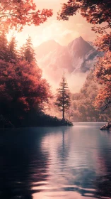 High-contrast alpine lake scene with pink foliage and mist layers