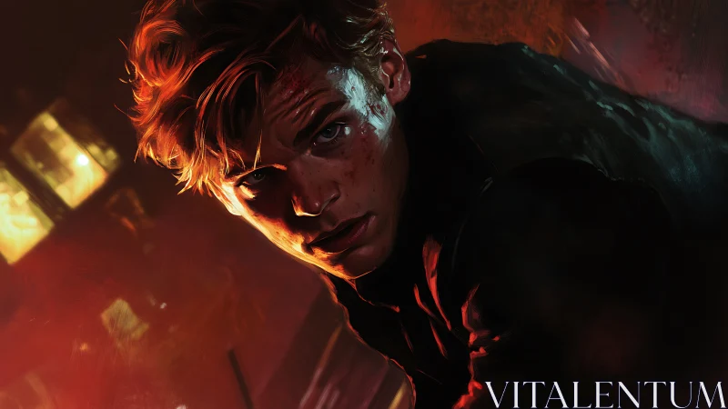 Wounded young man crouches in burning city alleyway