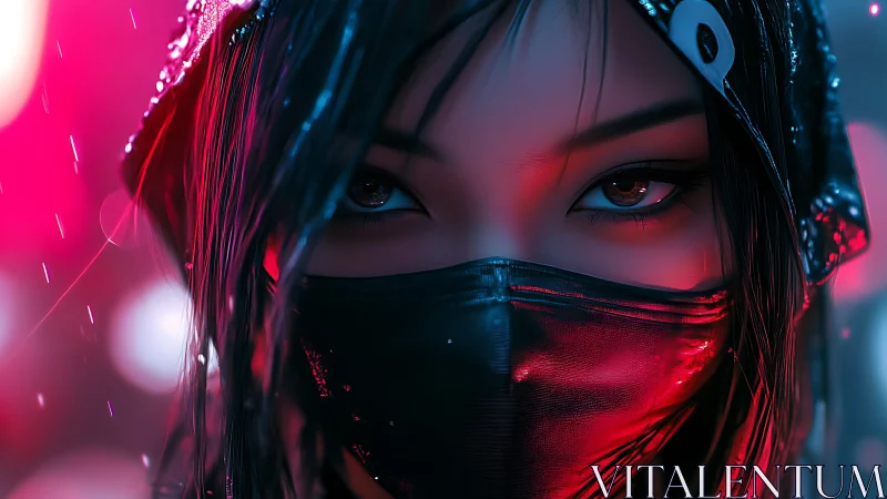 Mysterious masked woman gazes through neon drenched rain