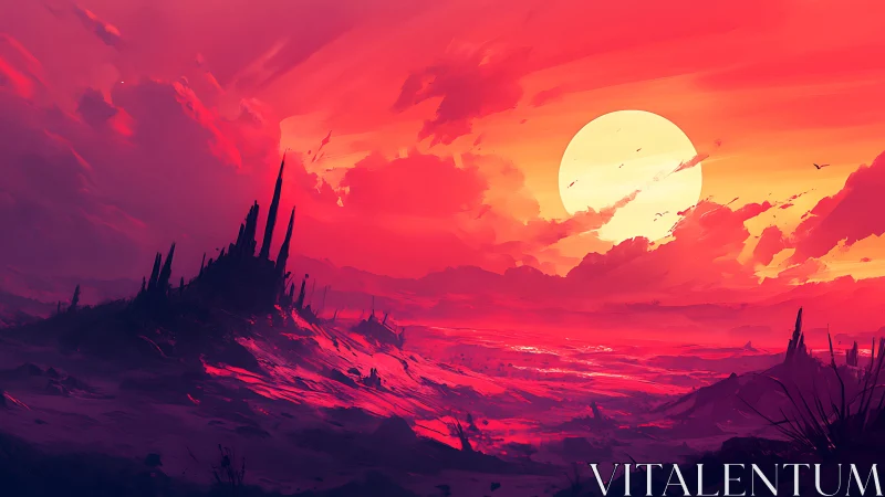 Distant rocky landscape under large setting sun in red sky.