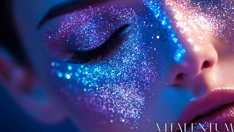 Neon glitter makeup shimmers across a dreamy close-up face.
