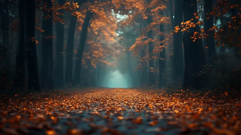 Autumn's Golden Path Through the Misty Forest.