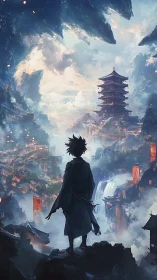 Wanderer gazes over misty temple city at dawn.