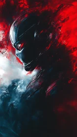 Crimson speed warrior dissolving into storm and shadow.