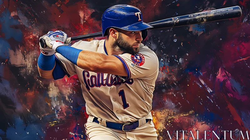 Baseball batter in swing stance over bold abstract colors.