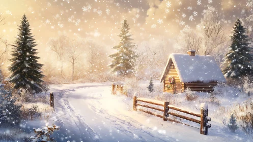 Snow-laden forest cabin under diffuse golden winter backlight