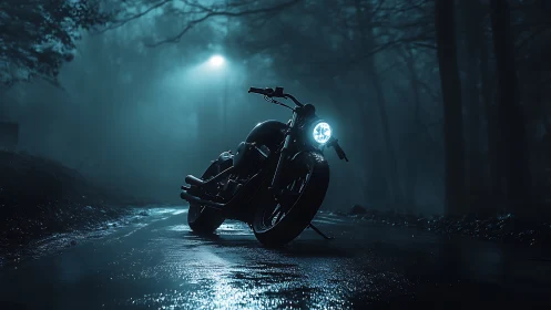 Low-angle nocturnal motorcycle study on wet forest roadway