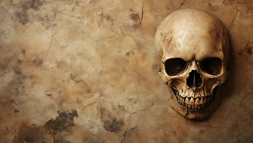 Human skull is mounted against cracked textured wall surface