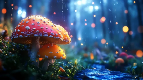 Glowing toadstools illuminate rain soaked forest floor