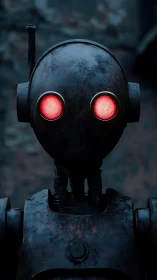 Rusty robot gazes forward with softly glowing red eyes