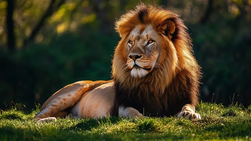 Male lion resting in golden hour backlit savanna grassland