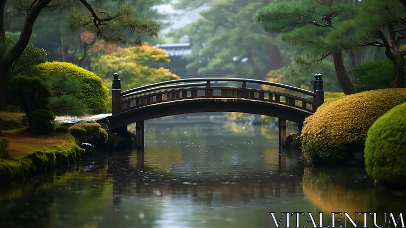 Curved wooden bridge spans reflective pond in misty Japanese garden