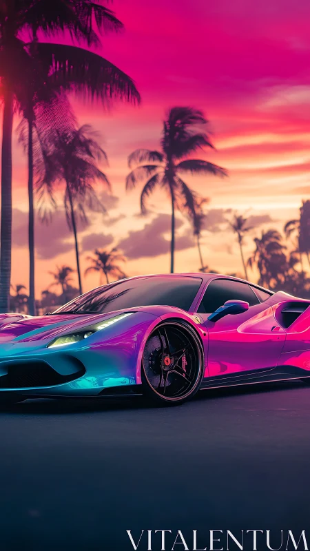 Iridescent supercar glides under neon tropical sunset sky