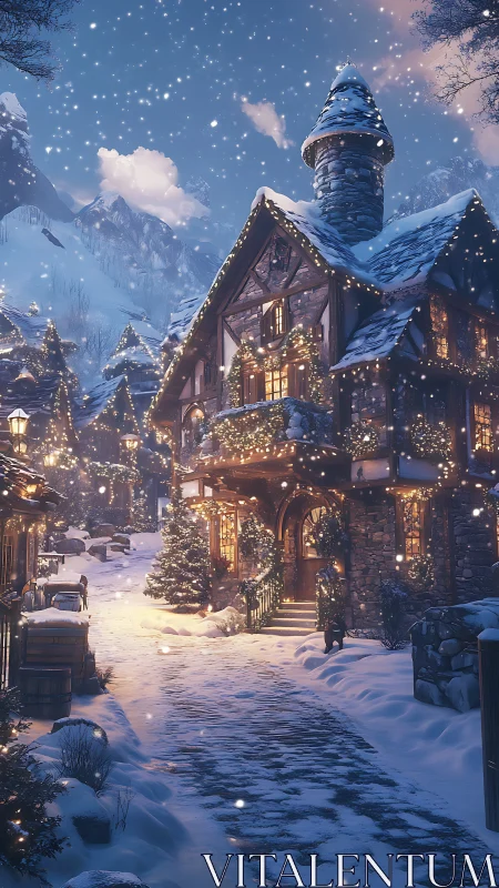 Snowy alpine village street with cozy lit stone houses.