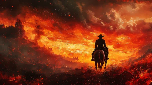 Mounted figure silhouette against fiery landscape.