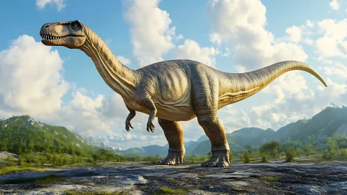 3D dinosaur rendering under bright prehistoric sky landscape.