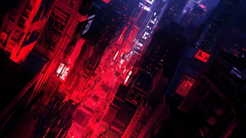 Neon red cyberpunk city canyon with vertical buildings.