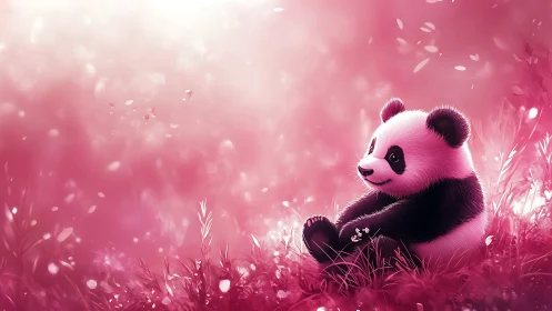 Gentle baby panda rests in a dreamy pink meadow of light