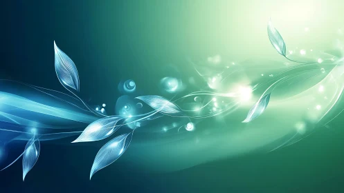 Ethereal botanical wave with luminous vector leaves design.