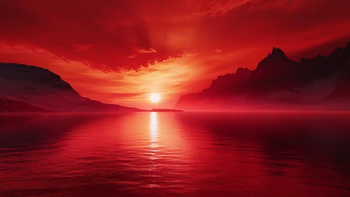 Crimson alien sea sunset ignites jagged polar mountains.