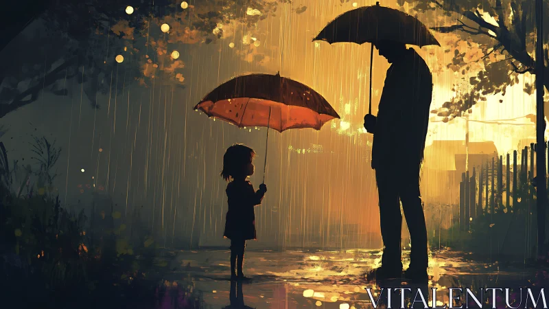 Silhouetted parent and child share umbrellas in warm rain glow