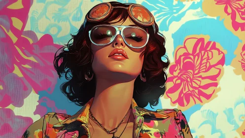 Woman wearing sunglasses stands before colorful floral wall