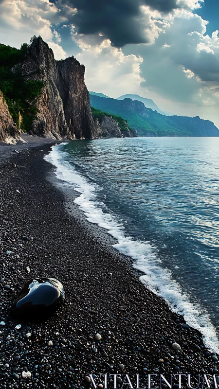 Storm-tipped cliffs lean over a pebble shore in quiet suspense