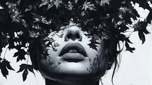 Surreal female portrait merges with swirling monochrome leaves.