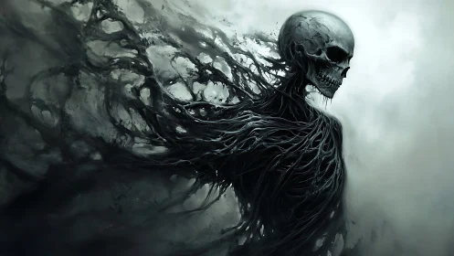 Skeletal wraith dissolving into smoke and shadowed tendrils.