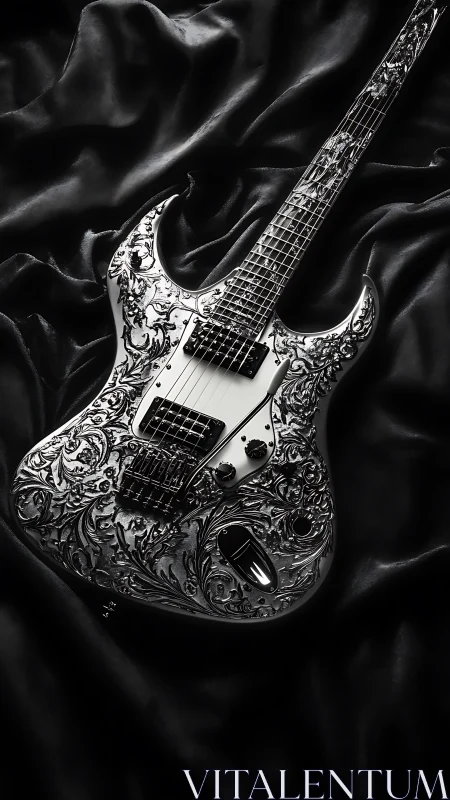 Engraved electric guitar rests on black satin fabric.