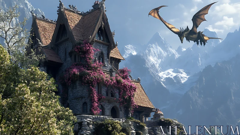 Stone cottage with dragon over snowy mountain valley.
