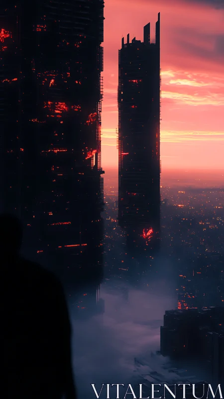 Silhouette overlooking ruined skyscrapers at red sunset.