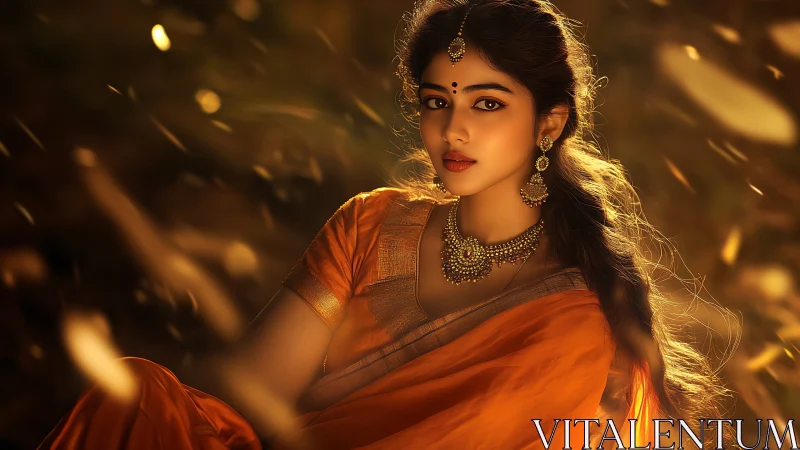 Golden dusk muse in saffron silk and jeweled radiance.