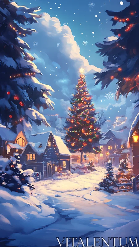 Cozy winter village glowing around a storybook tree.