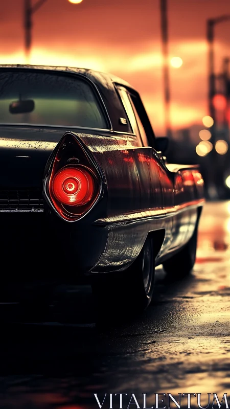 Retro tailfin sedan under wet neon dusk illumination.
