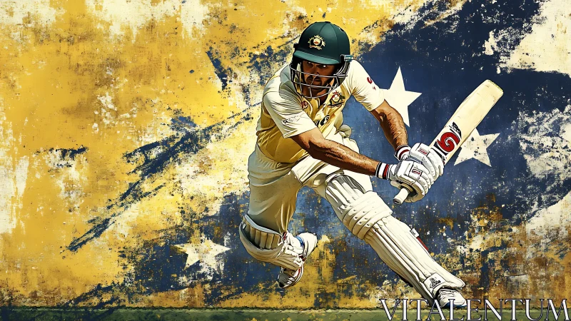 Cricket batsman drives ball across grunge star backdrop.