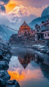 Mountain temple glows at sunset beside a reflective river