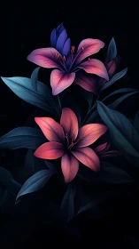 Bioluminescent Lilies Against Darkness: Digital Botanical Study.