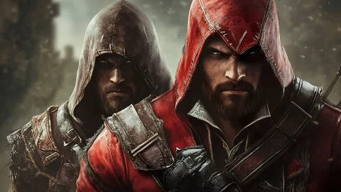 Hooded rogue brothers stalk through stormlit battlegrounds.