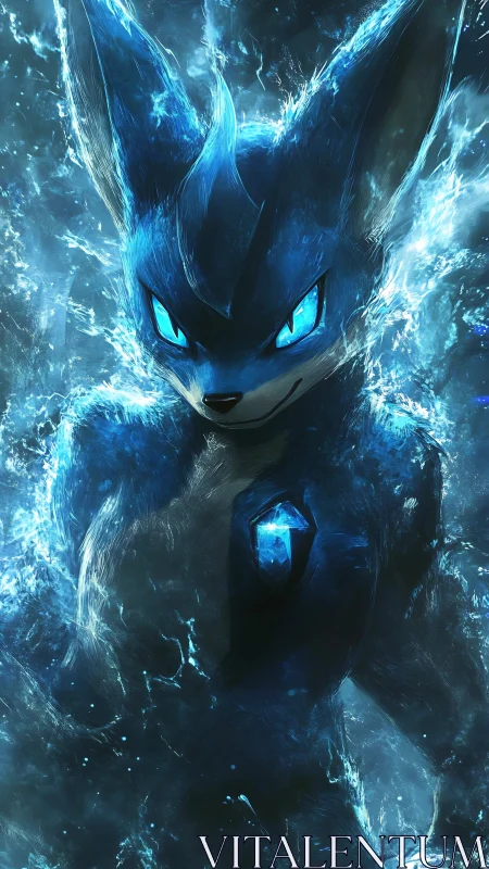 Elemental blue fox avatar with glowing crystal core.