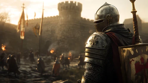 Armored knight observing medieval battle near stone walls.