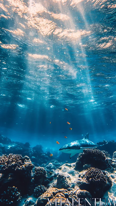 Sunlit shark glides gently through a glowing coral kingdom