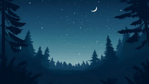 Moonlit Forest Night with Starry Sky and Silent Woods