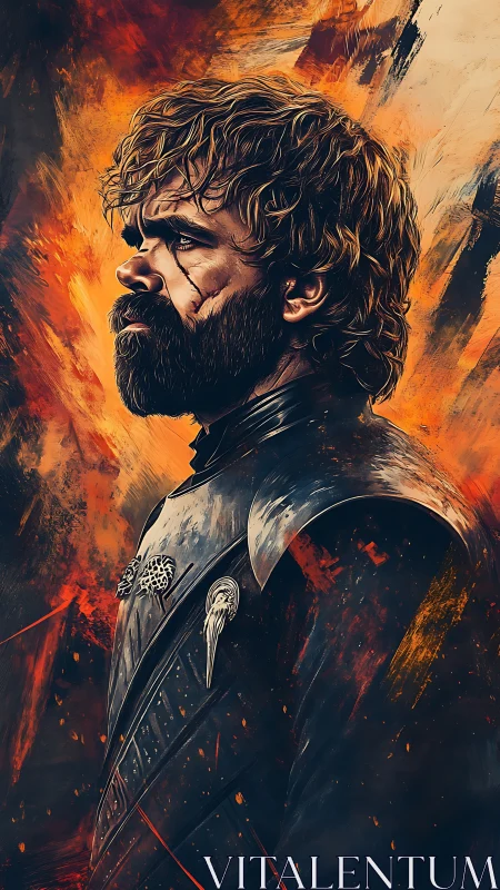 Profile portrait of armored bearded dwarf warrior in flames
