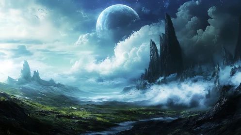 Alien landscape under massive moon with jagged spires.