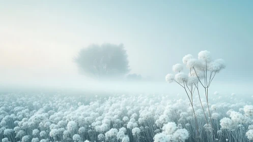 Ethereal white meadow fades into misty, pastel horizon.